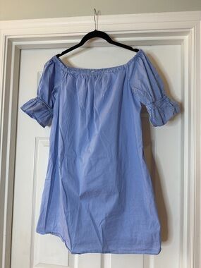 1. State Blue and White Striped Off-Shoulder Dress